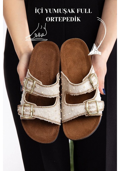 N Moda Hafif Ve Rahat Ortopedik Tabanlı Çift Bantlı Rahat Ve Konforlu Kadın Terlik Bronz-krem N Moda Hafif Ve Rahat Ortopedik Tabanlı Çift Bantlı Rahat Ve Konforlu Kadın Terlik Bronz-krem