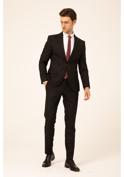 Süvari Siyah Slim Fit Düz Sivri Yaka 6 Drop Klasik Takım Elbise