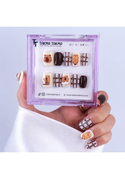 Kahverengi Nail Art Kısa Kare 10'lu Tekrar Kullanılabilir El Yapımı Protez Takma Tırnak Kkkr1575 M