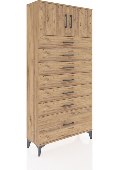 Arges Dolap Tek Raflı 7 Çekmeceli 2 Kapaklı 88x30x182 Çam-çam Çam