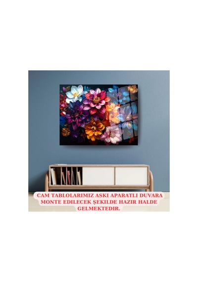 Renkli Çiçek Buketi Sanat Eseri Temperli Cam Tablo - Canlı Duvar Dekoru
