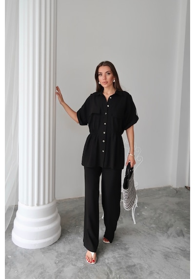 Moderie Butik Keten Belden Büzgü Detaylı Gömlek - Pantolon Takım - Siyah Siyah