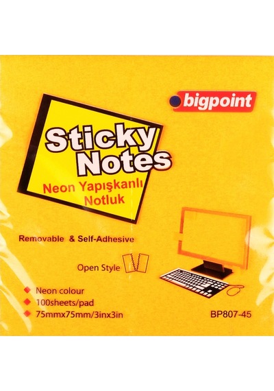 Bigpoint Yapışkanlı Not Kağıdı 75x75mm Neon Turuncu X 12 Adet