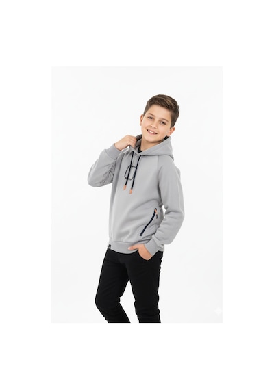 Kapüşonlu Fermuarlı Cepli Erkek Çocuk Sweatshirt-90915 Gri