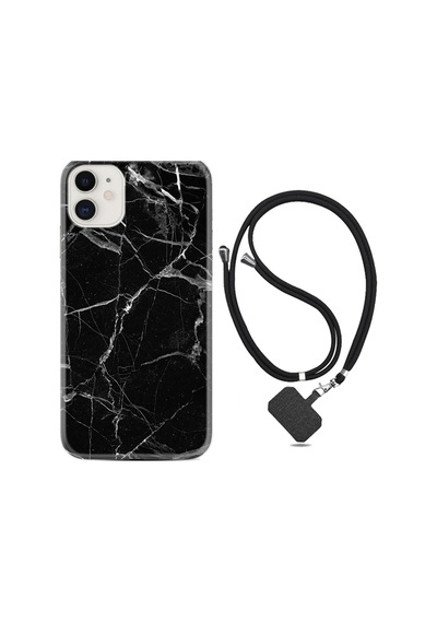 Apple iPhone Uyumlu Iphone 11 Kılıf Desenli Silikon Boyun Askılı Fragile Black Mermer 1378