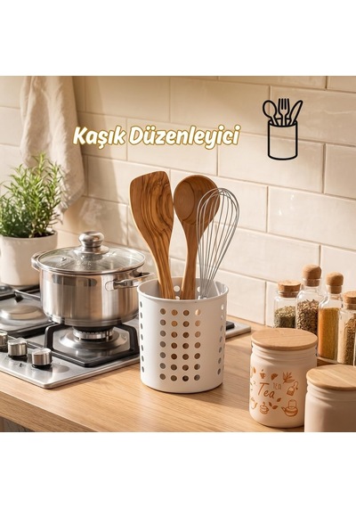 Kp-165-1 Tezgah Üstü Dik Kaşıklık Bıçaklık Düzenleyici Organizer Mutfak Düzenleyici Beyaz Çok Renkli