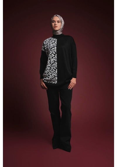 Armine Trend Leopar Desenli Balıkçı Yaka Triko Tunik Siyah 25ytd4110 Siyah