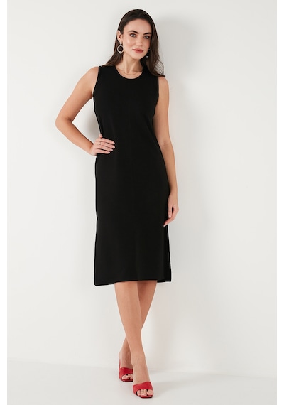 Lela Regular Fit Bisiklet Yaka Yırtmaç Detaylı Basic Midi Bayan Elbise 5866160 Siyah