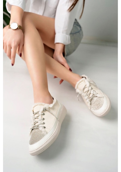 Craft Moda Neva Taşlı Düz Taban Kadın Kot Sneakers Krem