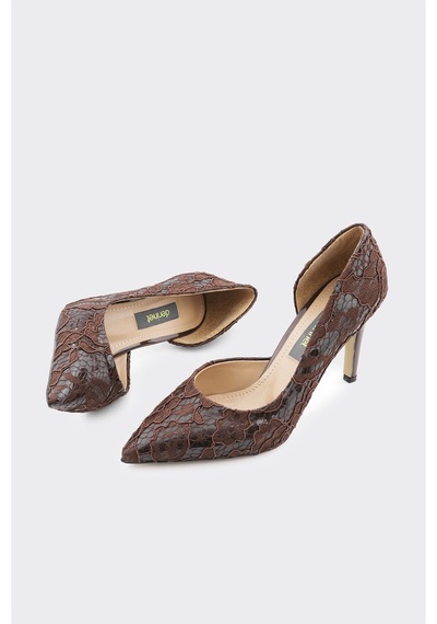 Derinet Dantel İşlemeli Kadın Stiletto Kahve Kahve