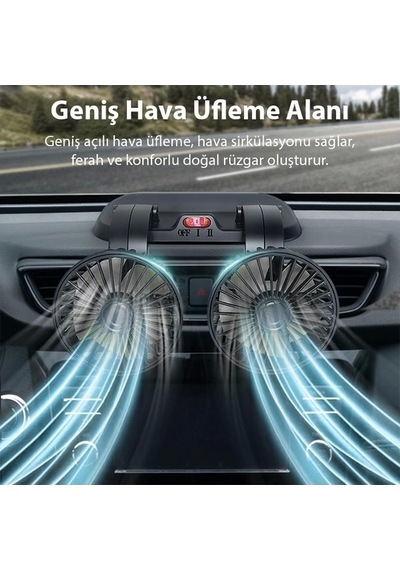 Ally F410 Usb Çift Başlıklı Araç Fanı Oto Vantilatör Fan 10w 2 Kademe Hız Ayarı