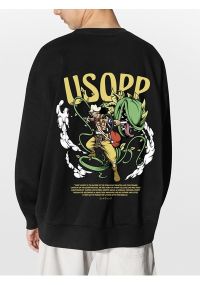 Unisex Siyah Usopp Baskılı Hoodie Oversize Kapşonsuz Sweatshirt Siyah