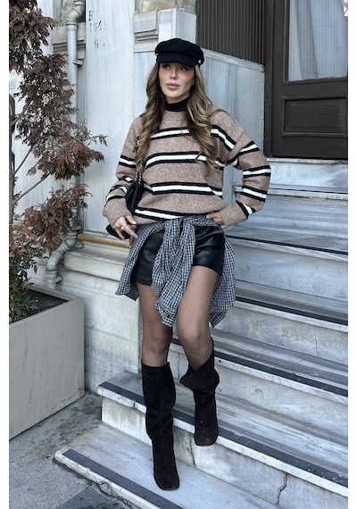 Laluvia Kahverengi Renkli Çizgili Oversize Triko Kazak - 2516 Kahverengi
