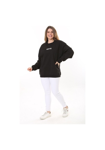 Şans Kadın Büyük Beden Siyah Pamuk Kumaş Nakış Yazılı Sweatshirt 65n37616-siyah Siyah