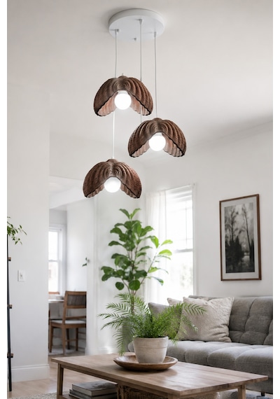 Lotus Çiçek Tasarım Üçlü Sarkıt Avize - Modern Tasarım Gece Lambası İç Dış Ortama Uygun - 25 Cm - Kahverengi