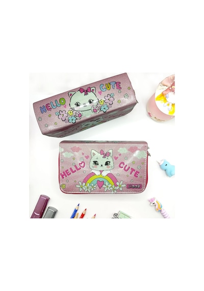 Simli Işıltılı Kitty Hello Cute Kalem Kutusu Vegan Deri Kalemkutu Üç Bölmeli Kalemlik -pembe