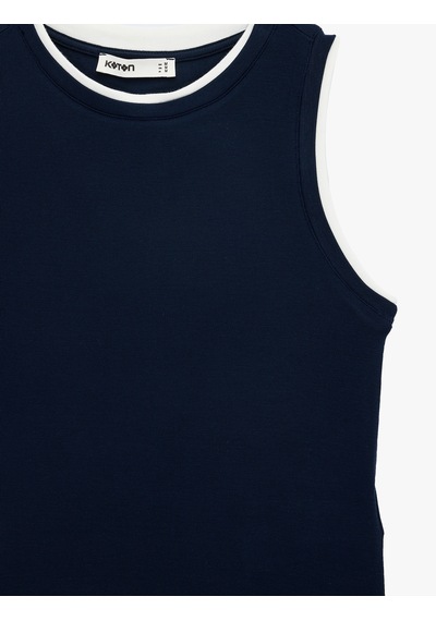 Koton Renk Kontrastlı Katmanlı Slim Fit Bisiklet Yaka Kolsuz Fitilli Bluz Lacivert 6sak10069ek