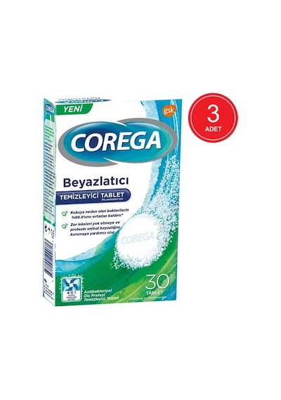 Corega Beyazlatıcı Diş Protezi Temizleyici Tablet 30'lu x 3 Paket