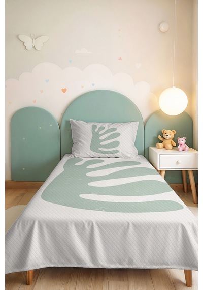 Minimal Yaprak Yeşil Genç Odası Tek Kişilik Pike Takımı - Modern 160x220 Cm Kapitone Yatak Örtüsü Gizli Tül Kırığı