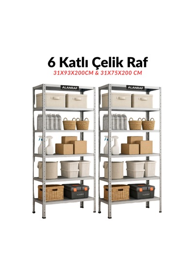 Çelik Raf 6 Katlı 2'li 31x75x200 & 31x93x200cm Raf Sistemi, Depo Rafı, Arşiv Rafı, Kiler Rafı, Çok Amaçlı Raf Gri