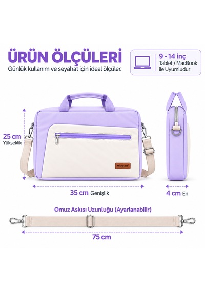 Microcase Apple MacBook Pro 14 İnch M4 2024 İle Uyumlu Apple MacBook Taşıma Çantası Omuz Askılı Çok Bölmeli Al5694 Lila