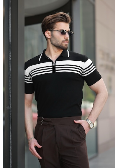 Madmext Siyah Fermuarlı Polo Yaka Erkek Triko T-shirt E7407 Siyah