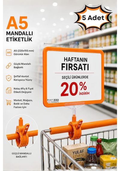 5 Adet - A5 Mandallı Etiketlik Fiyatlık Sepet Raf Askılık Fiyat Etiketi Çerçeveli Market Mağaza Turuncu
