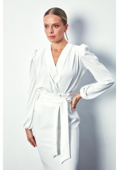 Sateen Parlak Çizgili Bodysuit Bluz - Ekru