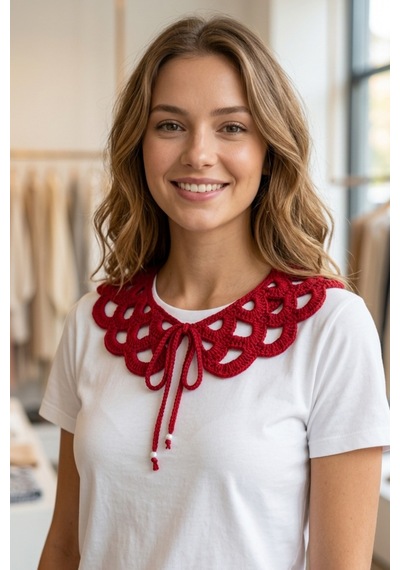 Bb Bibutikshop Kırmızı El Örgüsü Fiyonk Bağcıklı Takılabilir Yaka Vintage Dantel Model Renkli