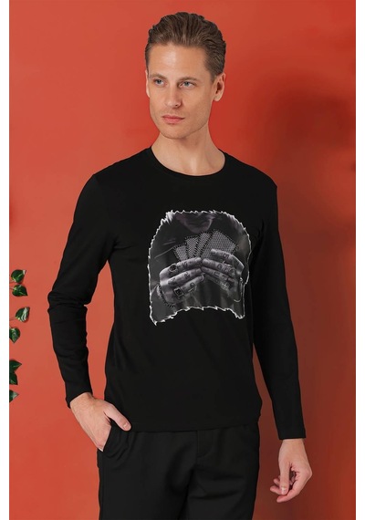 Efor Slim Fit Baskılı Bisiklet Yaka Esnek Pamuk Siyah Tişört Ts 868 Siyah