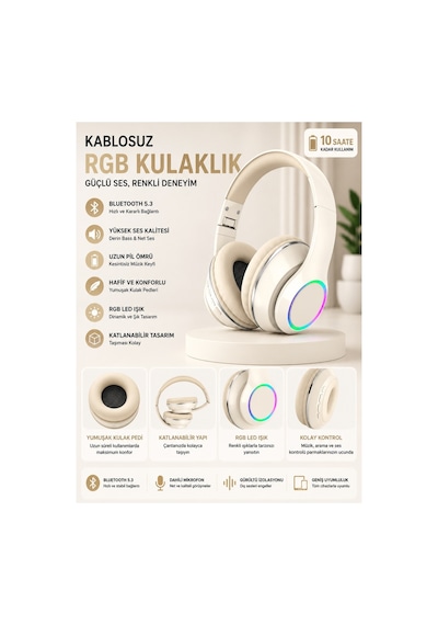 P101 Bluetooth Kulaklık 5.3 Wireless Headphone Şarjlı Kulaküstü Kulaklık Rgb Led Işıklı Fm Radyo Sd Kart Aux Girişli Mikrofonlu Type C Şarj