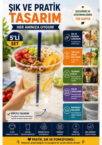 5'li Set Atıştırmalık Hazneli Bardak 350 Ml Pipetli Pet Piknik Sinema Parti İçecek Bardağı Seti 17 Cm Şeffaf