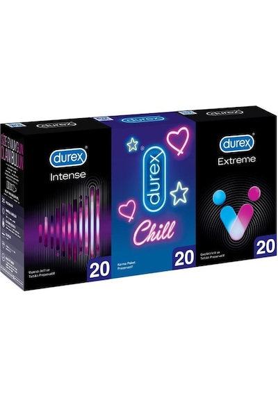 Durex Extreme Geciktricili + Uyarıcı Jel + Chill Karma Paket Prezervatif 20'li