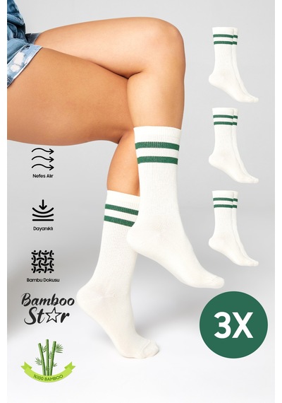 Bamboo Star Bambu Tenis Çizgili Premium Kolej Çorabı Unisex Ekru Dikişsiz Soket Çorap 3'lü Paket