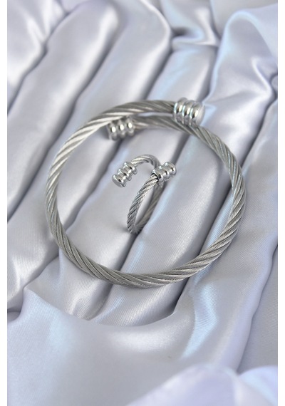Bakımlı Erkek İçin Silver Çelik Sarılı Bileklik Yüzük Seti Gümüş - Rose Gold