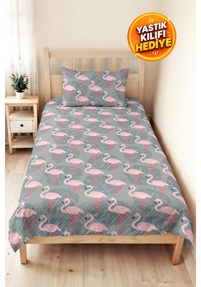 Flamingo Pembe Genç Odası Tek Kişilik Pike Takımı - Tropikal Gri 160x220 Cm Kapitone Yatak Örtüsü Haki