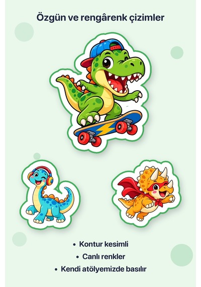 Dinozorlar İş Başında 4 Adet Büyük Dinozor Sticker Çıkartma A4 Defter Etiketi Çok Renkli