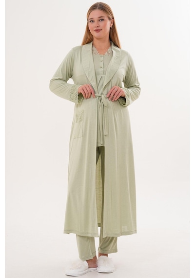 Mecit Pijama Mecit 6330 Yeşil Sabahlıklı Lohusa Pijama Takımı