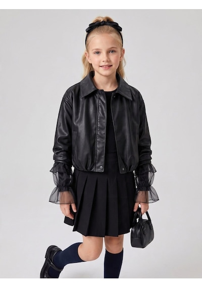 Zekids Kız Çocuk Bomber Deri Ceket-17593 Siyah