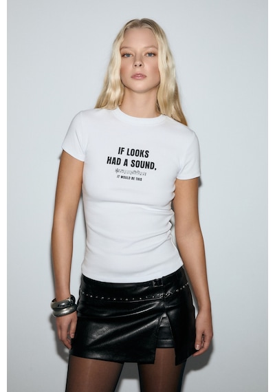 ETHIQUET CASSE INA Kadın Yumuşak Ve Esnek Kumaşlı Baskı Detaylı Bisiklet Yakalı Beyaz T-Shirt