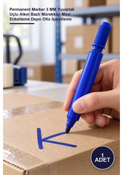 1 Adet Koli Kalemi Permanent Marker 3 Mm Yuvarlak Uçlu Alkol Bazlı Mürekkep Mavi Etiketleme Depo Ofis İşaretleme