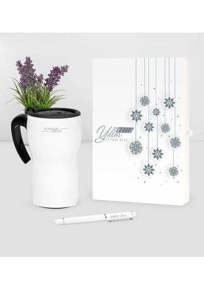 Kişiye Özel Yılbaşı Mutlu Yıllar Temalı Beyaz Defter Kalem Termos (398991838)
