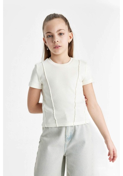 Defacto Kız Çocuk Slim Fit Bisiklet Yaka Ribana Kısa Kollu Tişört C0104A824SMER136 Ekru
