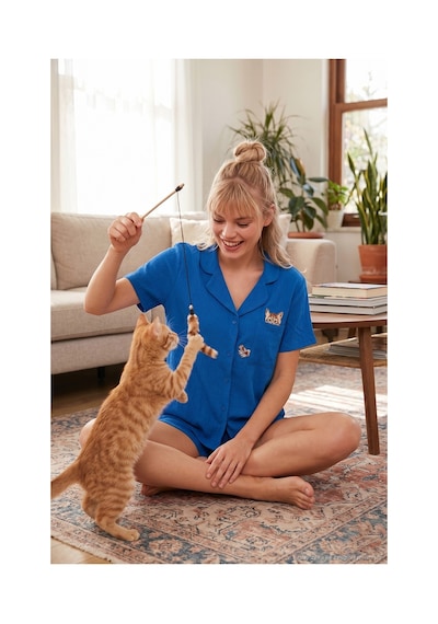 Lela Gömlek Yaka Beli Lastikli Kısa Kollu Şortlu Bayan Pijama Takımı 611Pt00123 Mavi