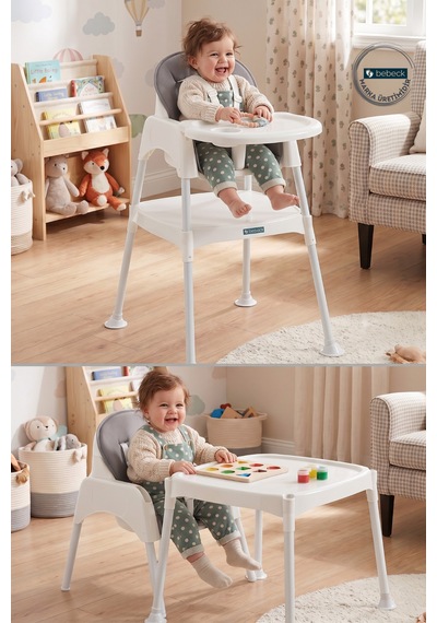 Bebeck Çalışma Masalı Tabureli Pedli 3 in1 Mama Sandalyesi Beyaz Metal Ayaklı