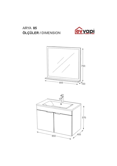 Biani Fix Arya 85 Cm Banyo Dolabı,Seramik Lavabolu, Aynalı,Lavabo Dahil,Mdf,Mat Beyaz