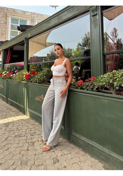 WeShaya Gri Keten Karışımlı Düz Paça Pantolon Gri