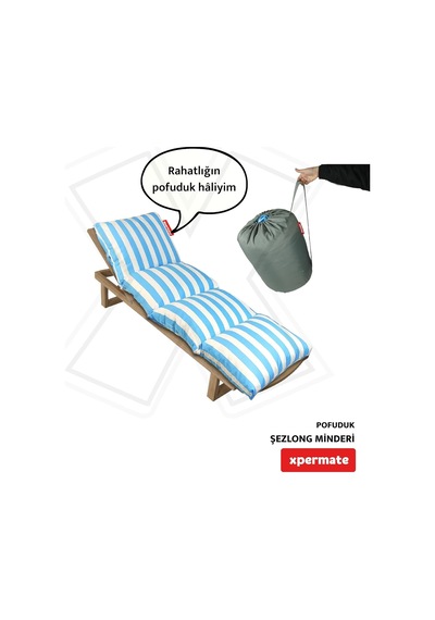 Tr Pofuduk Şezlong Minderi 180x60x12 Cm Çantalı Şezlong Yatağı Su İtici Uv Dayanımlı Çizgili Mavi Diğer