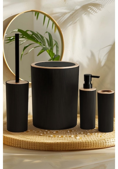 İndecor Houseware Liza 4'lü Banyo Seti Siyah - Çöp Kovası Wc Fırçası Sıvı Sabunluk Diş Fırçalık
