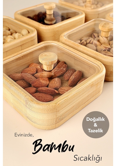 2'li Kapaklı Bambu Çerezlik Seti - Kahve Yanı Sunum Kasesi Sunumluk Kahvaltılık Bambu Kase Bej